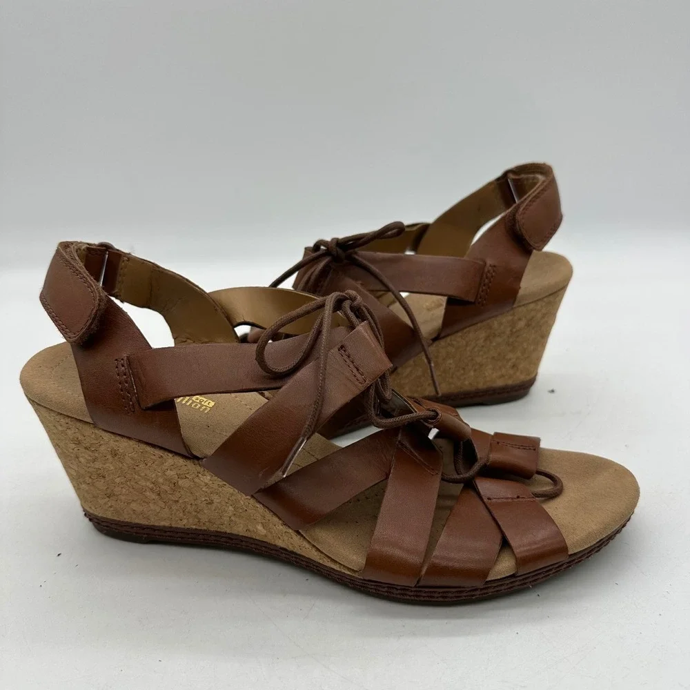 Clarks 261247694065 Womens Size 9 Helio Mindin Brown Leather Cork Wedge Sandals